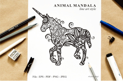 Unicorn Mandala Vector Line Art Style 04