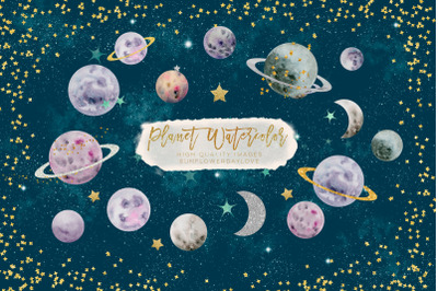 Planets watercolor clipart, planet clip art, gold foil and glitter