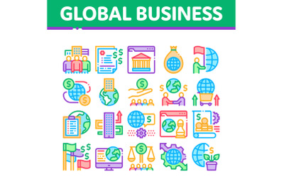 Global Business Finance Strategy Icons Set Vector