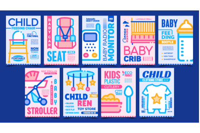 Baby Accessories Advertising Posters Set Vector