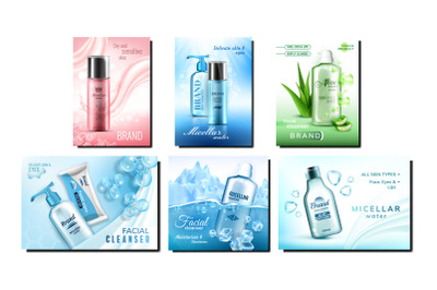 Micellar Water Bottles Promo Banners Set Vector