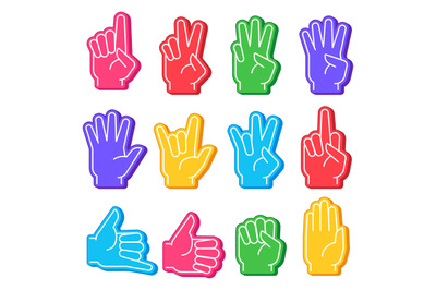 Foam fingers. Sports fan hand with different gesture. Numbers, ok sign