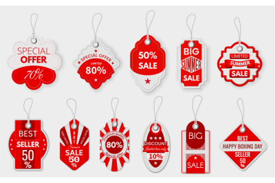 Red sale labels. Various paper discount price tags with ropes&2C; shoppin