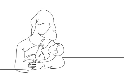 Mother and baby line. Mom hugs child. Motherhood and newborn concept.