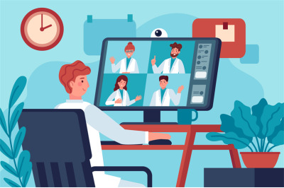 Medical video conference. Doctor in video chat with coworkers online c