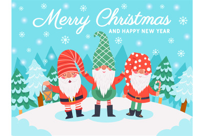 Gnomes christmas characters. Xmas greeting card with cute dwarfs&2C; wint