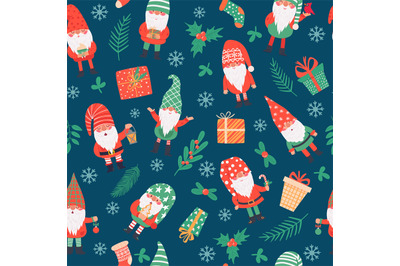 Gnomes seamless pattern. Funny christmas dwarfs and gifts&2C; winter fest