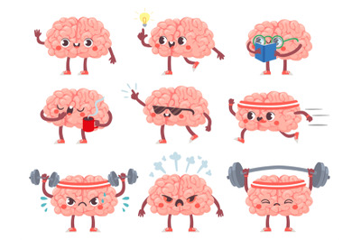 Brain characters. Happy brains in different poses and emotions, mental