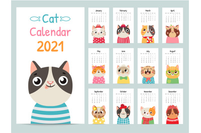 Cat calendar. Color gift 2021 calendar with cute cats. Funny kitty muz