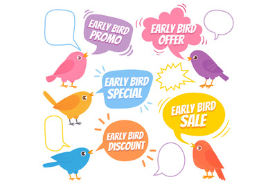 Early birds. Trendy design with bird and speech bubble, special offer