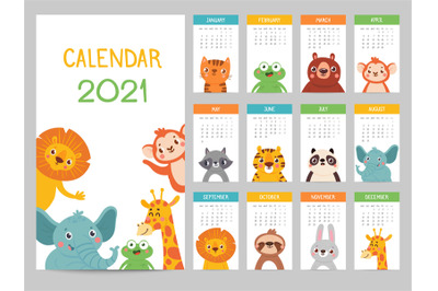 Animals calendar 2021. Cute monthly calendar with different animals&2C; f