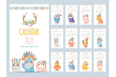 Owl calendar. Color gift 2021 calendar&2C; ethnic owlet with tribals feat