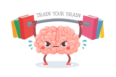 Brain training. Cartoon brain lifts weight with books. Train your memo