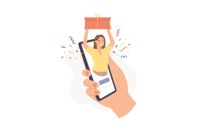 Mobile gift service. Woman holds gift box on phone screen, buy present