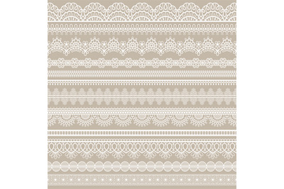 Lace seamless border. White cotton lace strips, embroidered decorative