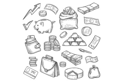 Money and finance sketch. Credit card, gold bars, purse, briefcase and