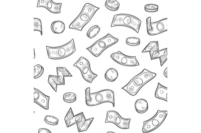 Money rain seamless pattern. Sketch dollar banknotes and coins, fallin