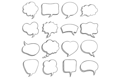 Sketch speech bubble. Empty comic speech bubbles different shapes for