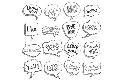 Speech bubbles with dialog words. Sketch bubble different shapes with