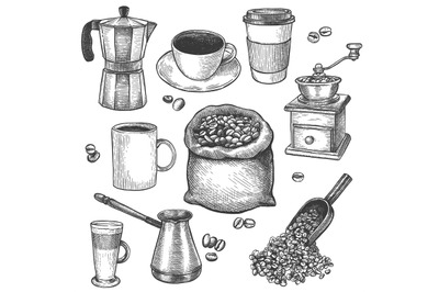 Sketch coffee. Coffee mill, kettle, sack with roasted beans, cezve. La