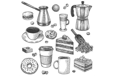 Coffee and desserts. Sketch coffee pot and maker. Cups, cake and cooki