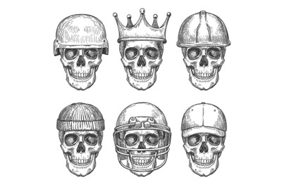 Skull in hats. Dead head characters with crown&2C; baseball cap and helme