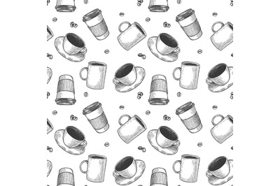 Coffee cup seamless pattern. Sketch tea and coffee cups, hot drinks va