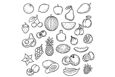 Doodle fruits. Hand drawn outline berry apricot, banana and pear, cher