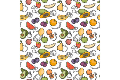 Doodle fruits seamless pattern. Hand drawn exotic fruits mango, orange