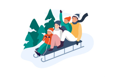 Winter activities. Happy family riding sledge down hill near fir trees