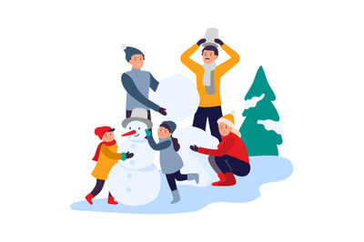 Winter activities. Happy family making snowman. Parents with children