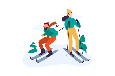 Winter activities. People skiing. Couple spending time together active