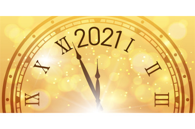 Shiny New Year poster. 2021 celebration, clock countdown with golden b