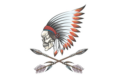 Skull in native American War Bonnet with Arrows Emblem