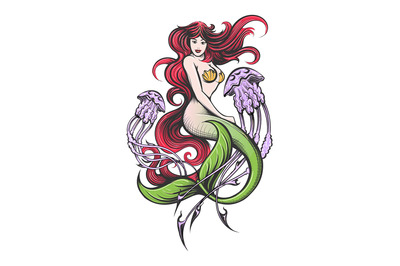 Beautiful Mermaid With Jellyfishes Tattoo