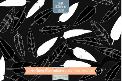 Hand Drawn White Feathers | Bird Feathers Tattoo | Boho Aztec Decor