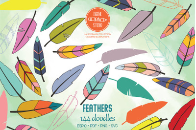 Hand Drawn Colored Feathers | Bird Feathers Tattoo | Boho Aztec Decor