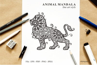 Lion Mandala Vector Line Art Style