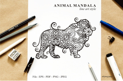 Lion Mandala Vector Line Art Style