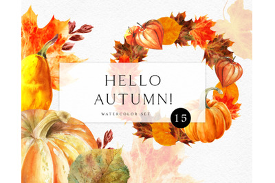 Autumn watercolor leaves clipart Pumpkin clipart  fall watercolor
