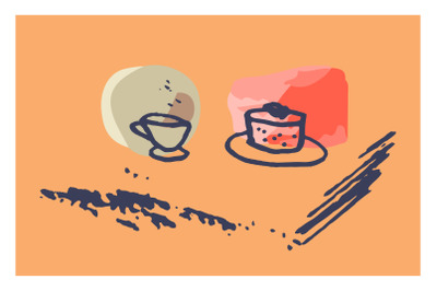 Doodle cup of tea, coffee with cake, dessert vector