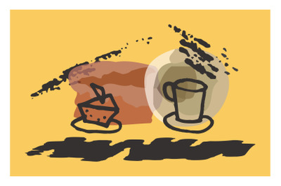 Doodle cup of tea, coffee with cake, dessert vector