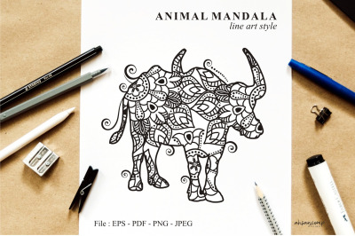 Buffalo Mandala Vector Line Art Style