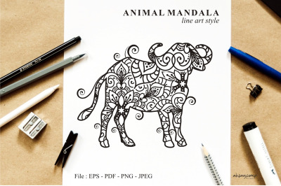 Buffalo Mandala Vector Line Art Style