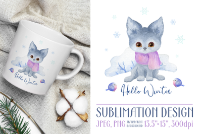 Hello Winter. Watercolor design with baby wolf