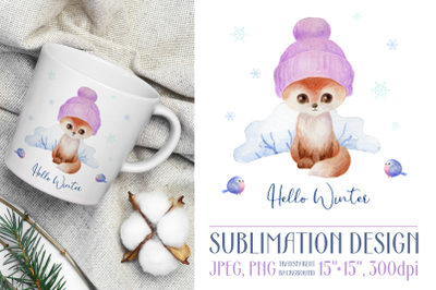 Hello Winter. Watercolor design with baby fox