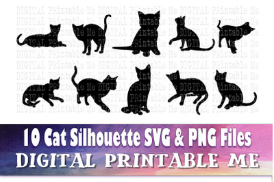 Cat SVG, Silhouette Bundle, PNG, 10 Images, kitten, Clip Art Pack, Ins