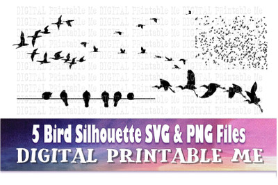 Flock of Birds, Silhouette, SVG, PNG, flying birds, Clip Art Pack, 5 I