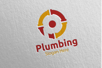 Letter P Plumbing Logo with Water and Fix Home Concept 19