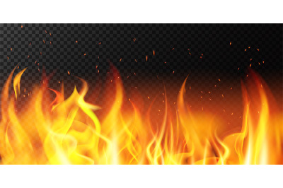 Realistic fire. Flame bright border&2C; fiery sparkles burning banner&2C; ho